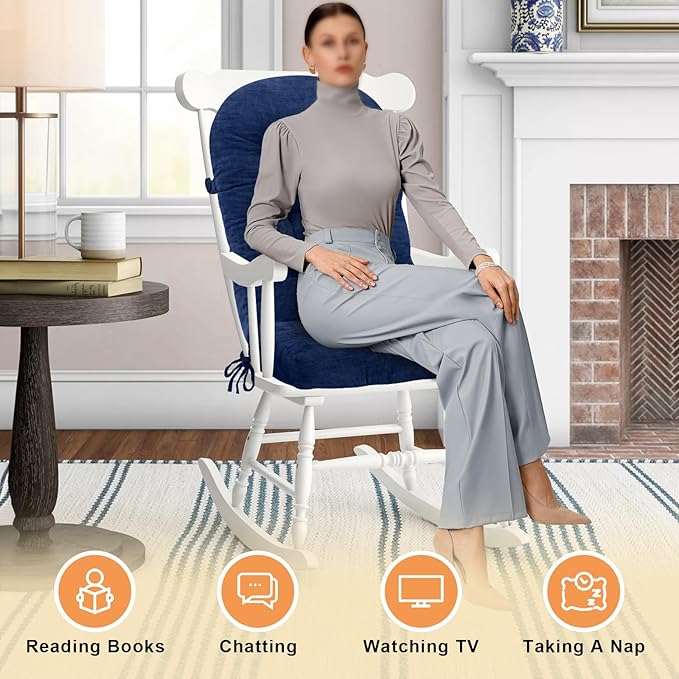 Rocking Chair Cushion - Chenille Fabric, High-Density Sponge, Durable Comfort Non-Slip Bottom Tufted Seat Pads with Ties, Chenille︱Dark Blue, 44x19x4 inch