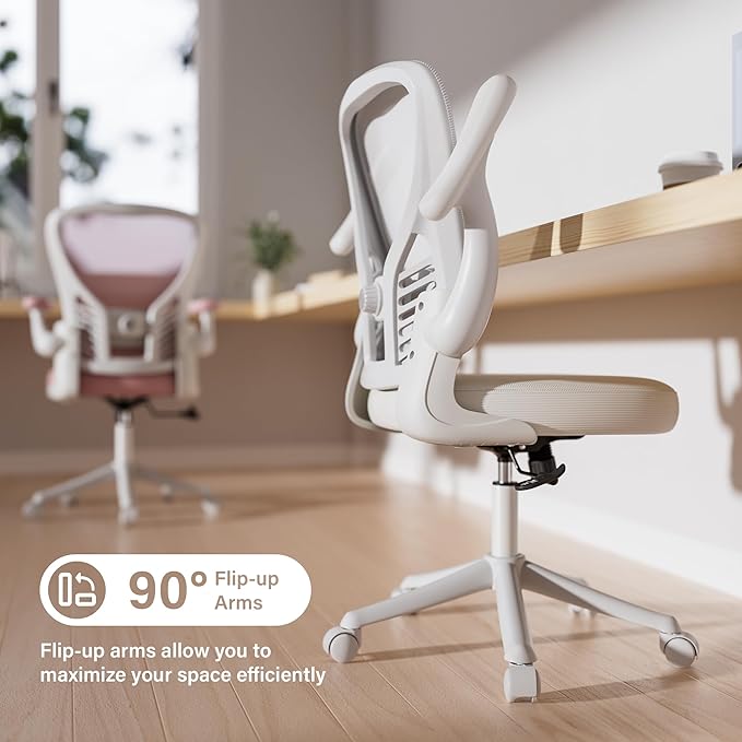 GYI Ergonomic Office Chair, Mesh Desk Chair with Adjustable Lumbar Support and 3D Flip-up Arms, Computer Chair with Wheels, All White