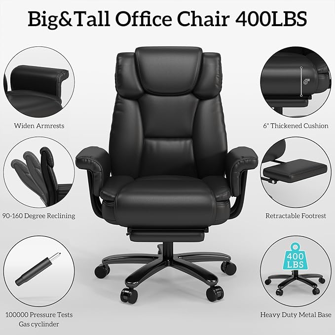 GYI 160 Reclining Office Chair with Footrest, Big and Tall High Back Home Office Chair, Leather Computer Desk Chair with Cross Legged Seat, Arms, Wheels, Black