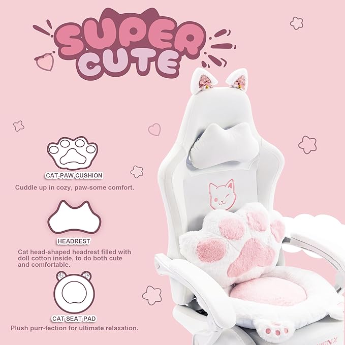 Dowinx Gaming Chair Cute with Cat Ears and Paw Lumbar, Ergonomic Computer Chair for Girl with Footrest and Headrest, Comfortable Reclining Game Chair 290lbs for Adult, Teen, White