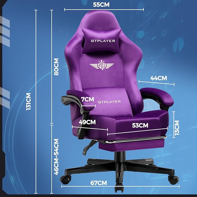 GTPLAYER Gaming Chair Fabric with Pocket Spring Cushion, High Back Ergonomic Computer Chair with Footrest for Adults Lumbar Support Swivel Game Chair for Office Gaming 350LBS, Dark Purple