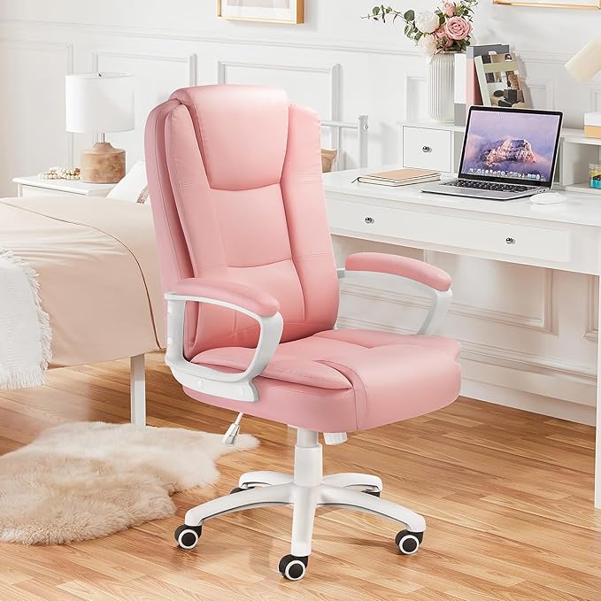 LEMBERI Office Desk Chair, Managerial Executive Chair, High Back Computer Chair, Ergonomic Height Adjustable PU Leather Chairs with Padded Armrest for Long Time Sitting, Pink