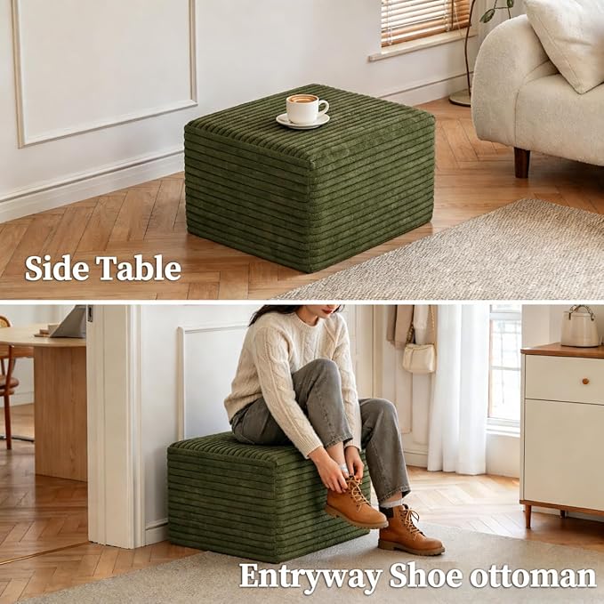 25.6" Corduroy Ottoman for Couch,Plush Memory Foam Couches Ottomans,Upholstered Boneless Couches Footrest for Living Room - Compressed Sofa in a Box No Assembly Require,Green