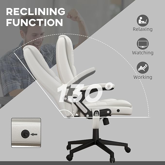 HOMCOM High Back Vibration Massage Office Chair with 6 Vibration Points, Heated Reclining PU Leather Computer Chair with Armrest and Remote, White