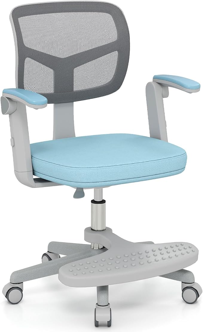Giantex Kids Desk Chair, Ergonomic Adjustable Student Rolling Chair with Footrest & Flip-up Armrest, Mesh Children Office Chair with Universal Wheels, Kids Computer Chair for Boys & Girls, Blue