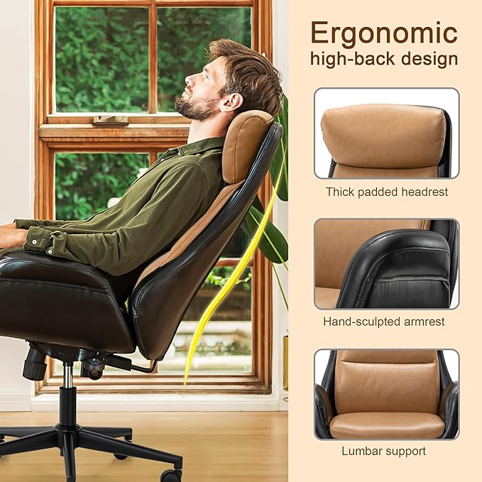 Glitzhome Mid-Century Modern Two-Tone Color High Back Leatherette Chairs Computer Desk Chair, Task Chair with Armrest Adjustable Gaslift Office Chair Executive Swivel Chair,Black & Camel
