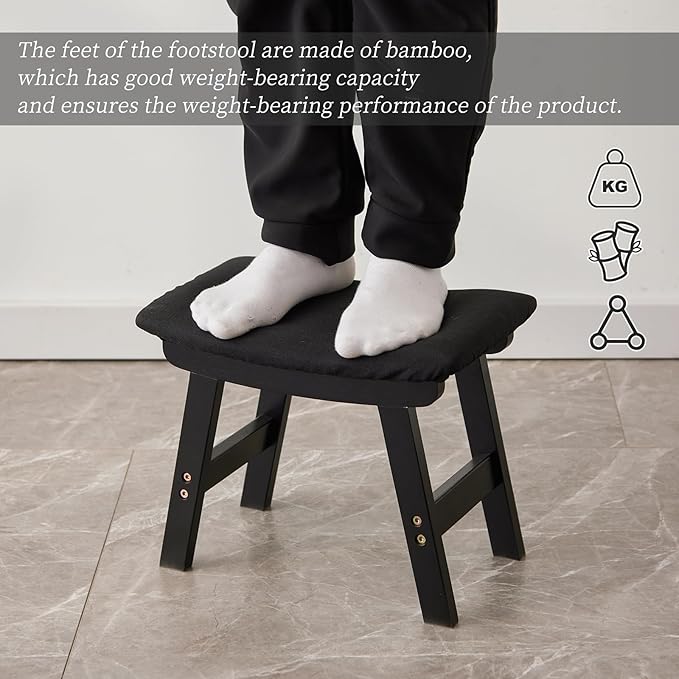Kitsanery Foot Stool,Ottoman,Bamboo Small Sofa Foot Rest Under Desk,Extra Seating for Living Room, Bedroom and Kitchen (Black Stool Legs - Black Surface)