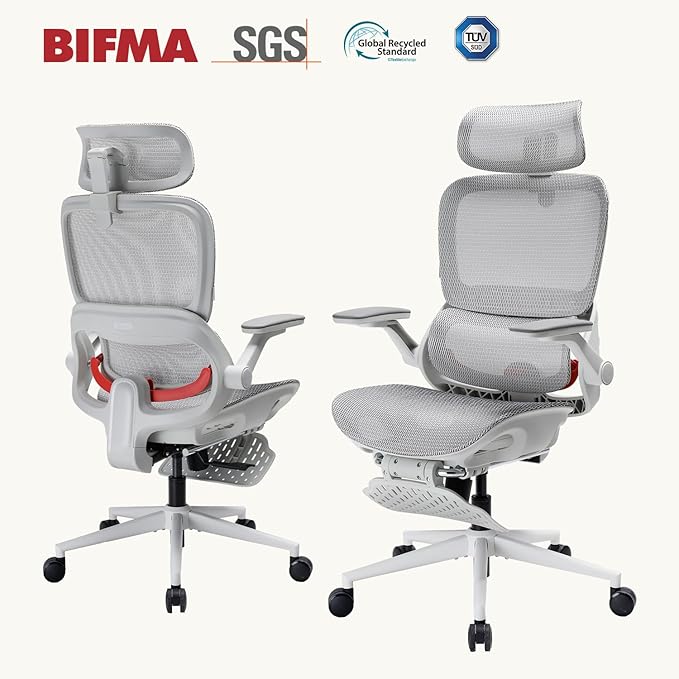 SIHOO B100 PRO Ergonomic Office Chair with Footrest, Mesh Office Chair with Adaptive Lumbar Support, Computer Chair with Wide Headrest, Desk Chair with 360° Rotatable Flip-Up Armrests, Light Grey