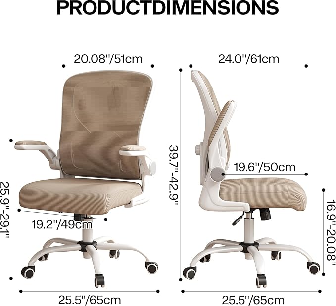 Office Chair, Ergonomic Desk Chair with Adjustable Lumbar Support Flip-up Arms,Comfortable Swivel Mesh Back Computer Chair Executive Task Chair for Home Office Use (Khaki)