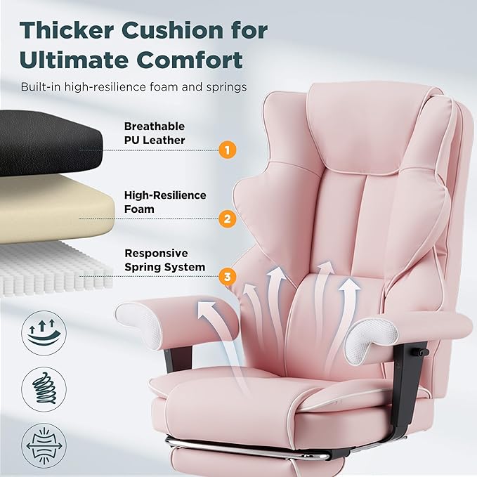 HOMREST Pink Ergonomic Office Chair with 6-Point Vibration Massage & Heat – Reclining Executive Chair with Adjustable Footrest and Armrests, PU Leather Big and Tall Home Office Desk Chair