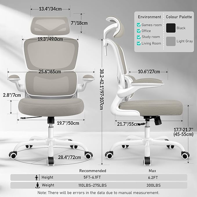 BESTFAIR High Back Ergonomic Office Chair, Breathable Mesh Desk Chair with Lumbar Support, Adjustable Headrest, Flip-up Armrests, Computer Gaming Chair, (LightGray)