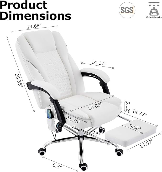 TonghuaS Massage Office Chair with Foot Rest Vibration and Heating, 90-130° Reclining Desk Chair, Ergonomic Reclining Computer Gaming Leather Chair(White)
