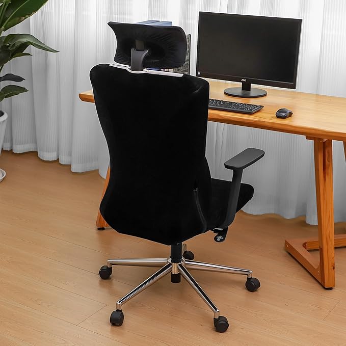 Ergonomic Office Chair Covers Set with Headrest Cover Velvet Stretch Black Cover for Office Chairs with Headrest Washable