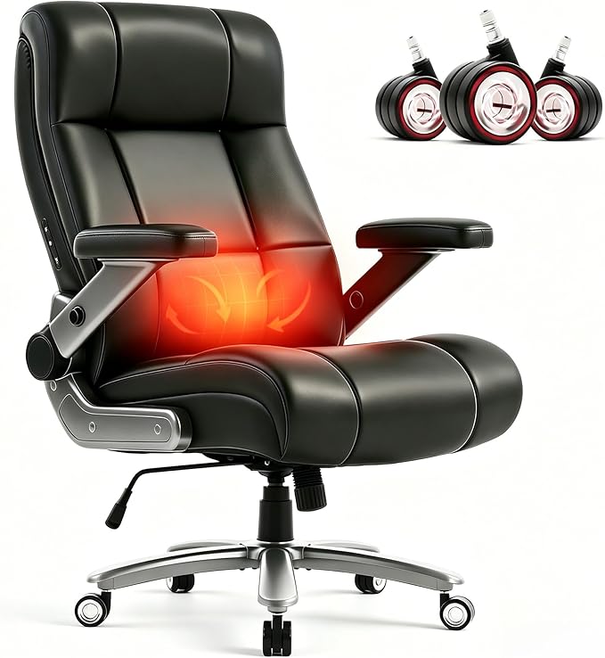 600LBS Big and Tall Massage Office Chair, Extra Wide Seat - 3D Kneading Massage & Heat Office Chair with Heavy Duty Metal Base, 3D Flip Arms, Leather Ergonomic with Thick Spring Cushion