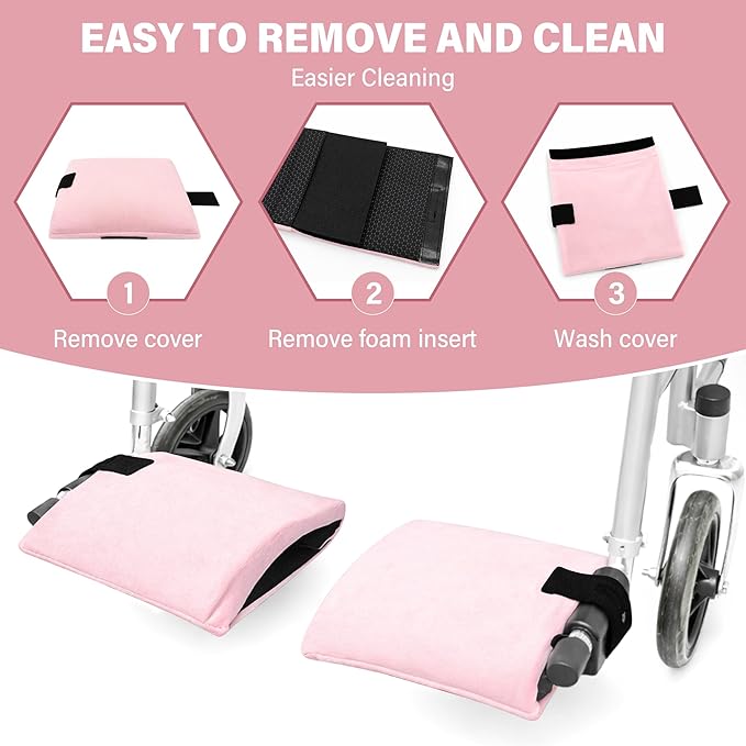 SPRING SEAON Wheelchair Footrest Covers, 1 Pair Soft Plush Foot Rest Pads with Non-Slip Backing, Removable Foam Insert, Hook-and-Loop Closure, Fits Most Standard Wheelchairs (Pink)