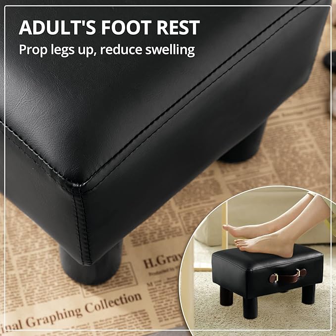 Small Foot Stool with Handle, Black PU Leather Short Foot Stool Rest, Rectangle Storage Foot Stools Ottoman with Plastic Legs, Padded Footstool Small Step Stool for Living Room, Office, Desk, Patio