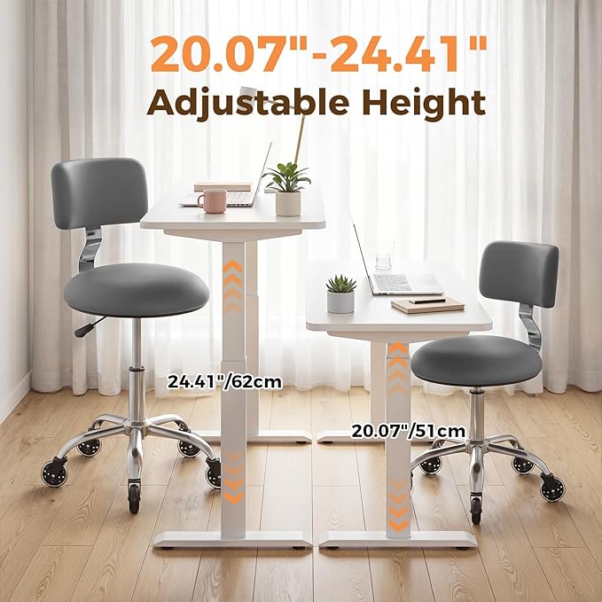 Rolling Stool Chair with Wheels, Office Drafting Chair with Back Support, Height Adjustable Standing Desk Stool with PU Leather Cushion for Home Office Kitchen Vanity Salon Garage Tattoo Dentist, Grey