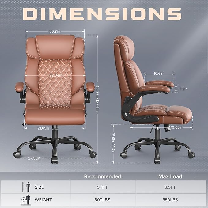 Office Chair-Executive High Back Breathable Comfy Desk Chair with Flip-up Armrests Lumbar Support-Ergonomic Leather Rolling Swivel Chair with Rock Function for Working,2 Pack