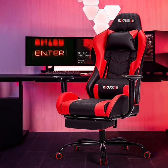 ECOTOUGE PC Massage Gaming Chair with Footrest Ergonomic Office Desk Chair Racing PU Leather Recliner Swivel Rocker with Headrest and Lumbar Pillow,Red