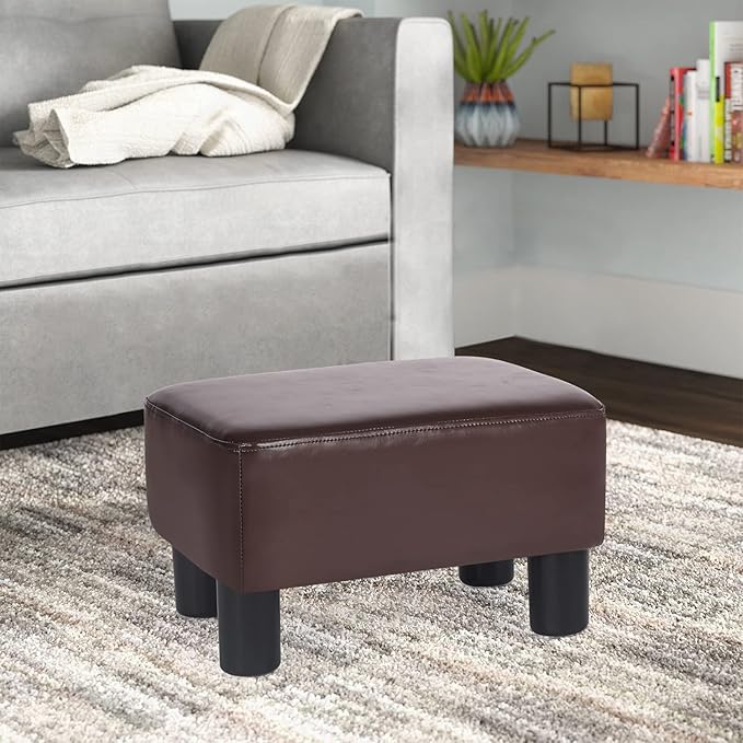 Joveco Small Footstool Ottoman Footrest Modern Rectangular Padded Seat for Living Room Bedroom (Brown PU Leather)