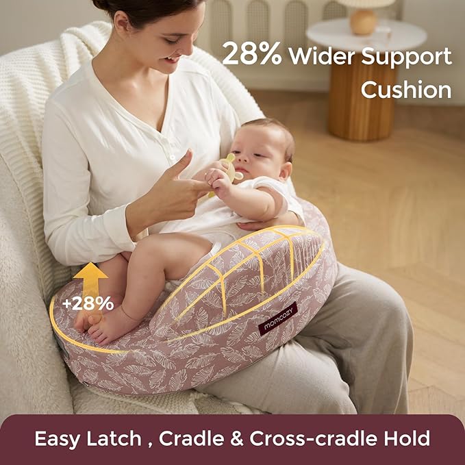Momcozy Innovative Safety Guard Nursing Pillow - Firm & Springy Memory Foam - Stable, Ergonomic Support & Comfort - Wider Breastfeeding Cushion, Adjustable, Removable Cover, Baby Safety Certified