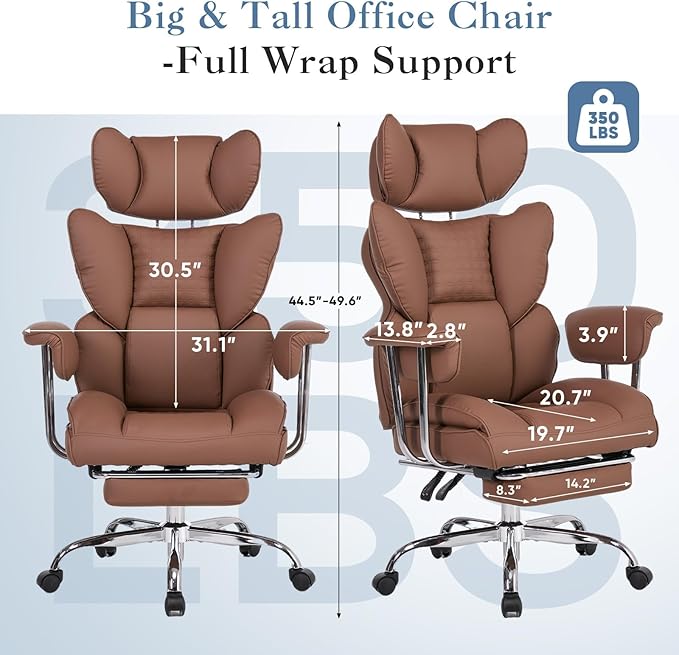 Big and Tall Office Chair 350 LBS, Scratch-Resistant PU Leather Executive Office Desk Chair with Footrest, Ergonomic Reclining Computer Chair with Pocket Spring Support for Home Office, Brown
