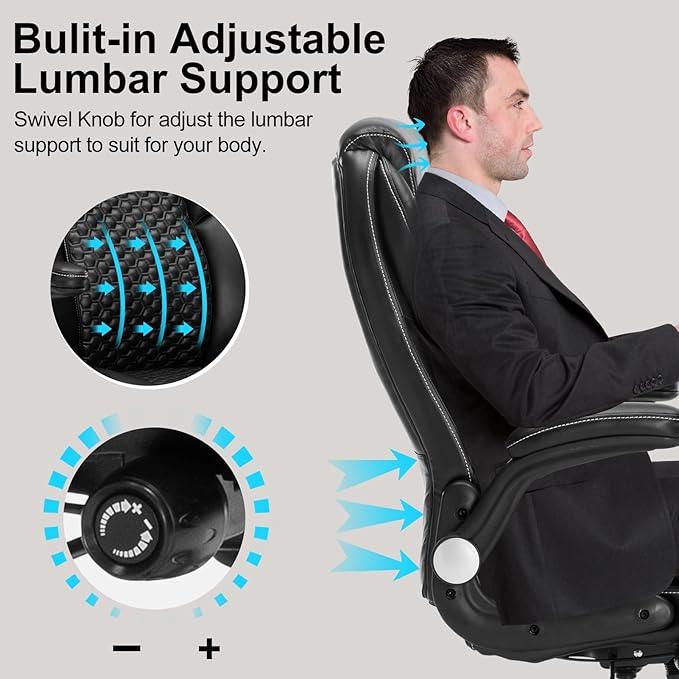 Big and Tall Ergonomic Office Chair, Executive Office Chair with Flip-up Arms, PU Leather Computer Desk Chair, Adjustable Lumbar Support Heavy Duty Space Saving Task Chair