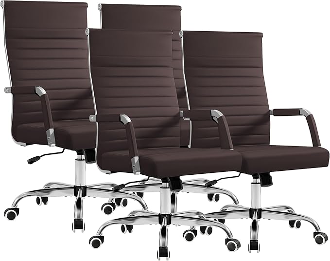 Furmax Ergonomic Office Desk Chair, Executive Ribbed Mid-Back PU Leather Conference Room Chair Adjustable Swivel Chair with Arms (4, Brown)