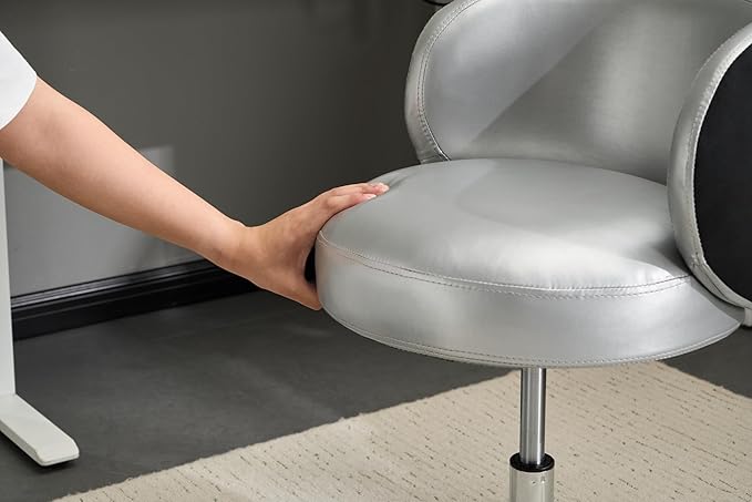 VINGLI Cute Small Swivel Desk Chair Comfy no Wheels,Ergonomic Low-Back Lumbar Support Vanity Nail Tech Computer Task Stool Chair for Home Office,Height Adjustable,PU Leather Silver&Suede Black