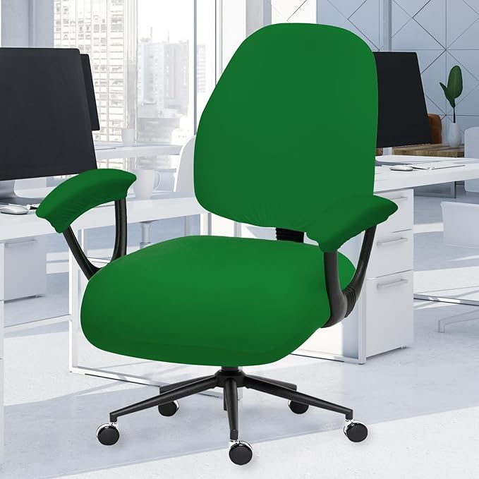 Stretchable Desk Office Chair Seat Covers with Armrest Covers - Universal Stretch Computer Chair Slipcover - Washable Rotating Backrest Coverings & Cushion Protectors for Dogs, Cats, Pets, Green