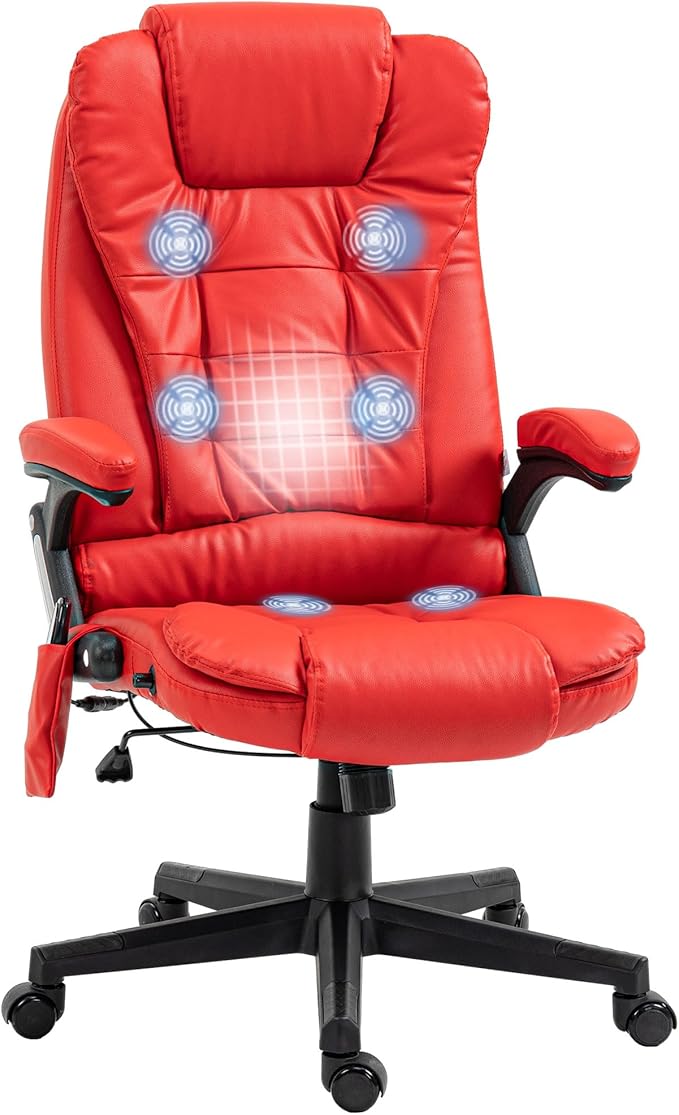 HOMCOM High Back Vibration Massage Office Chair with 6 Vibration Points, Heated Reclining PU Leather Computer Chair with Armrest and Remote, Red