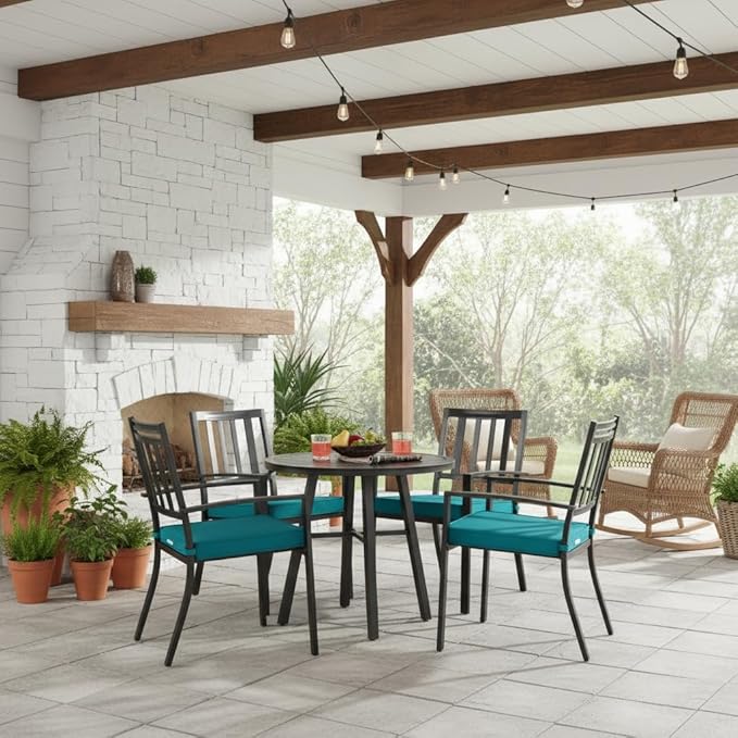 Outdoor 18 inch Square Patio Dining Chair Pads – Comfortable Fiber-Filled Seat Cushions with Ties, Reversible Polyester Fabric - Peacock, Set of 4