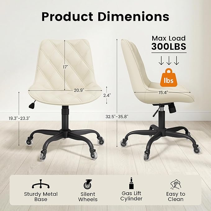 Armless Office Chair, Mid Back Modern Desk Chair with Rubber Wheels, 360 Swivel PU Leather Office Chair No Arms, Adjustable Height Small Computer Chair, Armless Desk Chair for Office, White