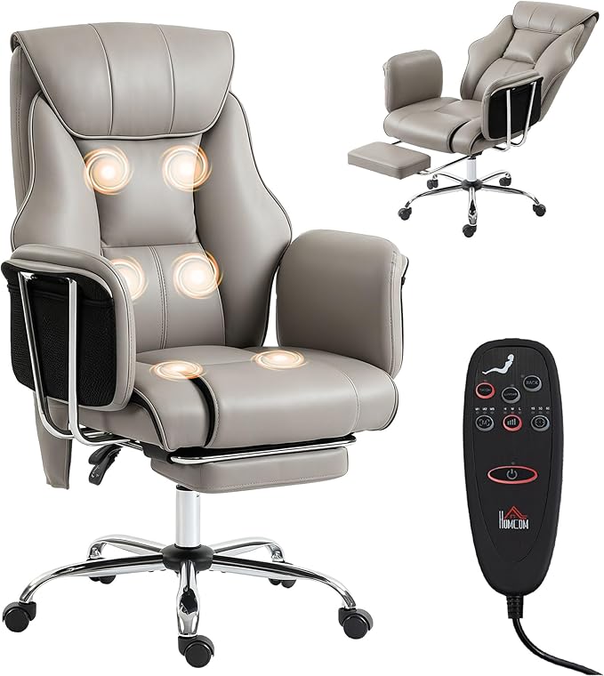 HOMCOM Massage Office Chair with 6-Point Vibration, Overstuffed Reclining Desk Chair with High Back, PU Leather, Footrest, Thick Spring Cushion, Lumbar Support, Grey