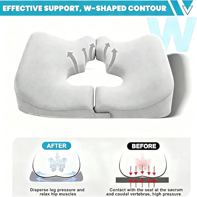 4.5" Donut Pillow for Tailbone Pain, 100% Memory Foam Bedsore Pressure Relief Pillow, Thick Anti Bedsore Cushion - T Shaped Opening Tailbone Pillow - Light Grey