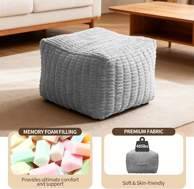 Pouf Ottoman, Soft Corduroy Pouf, Poofy Ottoman Foot Rest，Poufs for Adults, Poofs & Ottomans Furniture, Floor Poof-Chair for Living Room & Bedroom(1PC, Light Grey, 26"×26"×16")