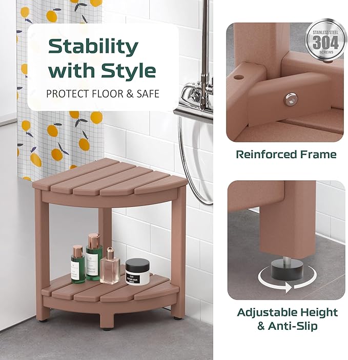 Corner Shower Stool for Inside Shower, HDPE Waterproof Shower Bench Seat Chair, Teak-Color Plastic Bath Shower Stool for Shaving Legs Foot Rest with Storage Shelf, Adjustable & Non-Slip Feet