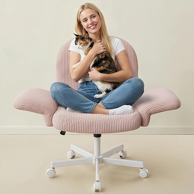 HUANUO Criss Cross Office Chair for Women, Cross Legged Desk Chair with Adjustable Armrests, Soft Corduroy Fabric for Small Spaces, Petite Home Office Computer Chair for Girls, Pink
