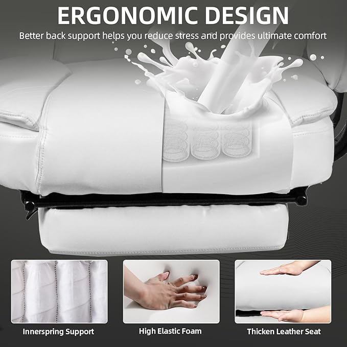 Reclining Office Chair with Footrest, Big and Tall Home Office Desk Chairs 400lbs with High Back, Criss Cross Wide Seat, Heavy Duty Base, Pu Leather, White