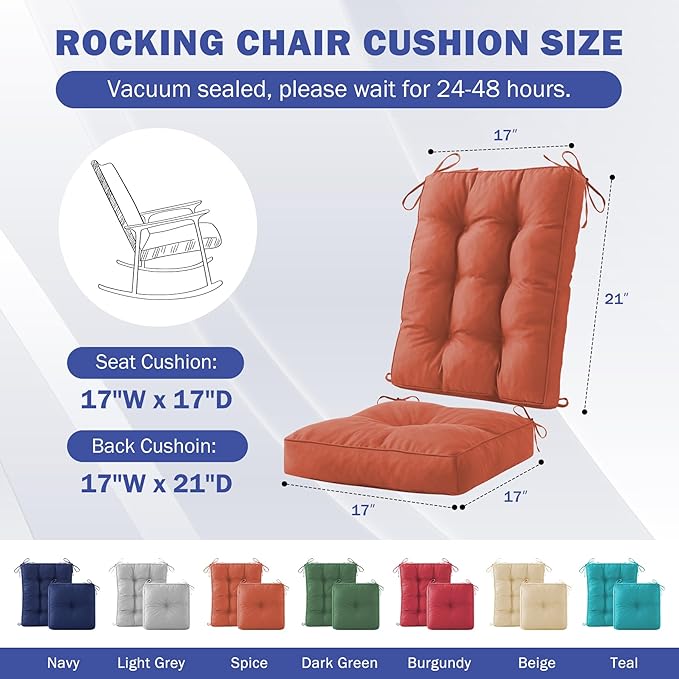 IPYNBAP Rocking Chair Cushion, Waterproof and Fade-Resistant Patio Chair Cushions, Tufted Chair Pads for Rocker Furniture, 17x17 Inch, Indoor/Outdoor Seat Cushions with Ties, Spice (Pack of 2)