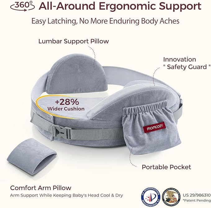Momcozy CozyPro Nursing Pillow - All Around Lumbar & Arm Support - Safety Guard, Firm & Springy Memory Foam-Stable, Ergonomic Support, Easier Breastfeeding, Wider Cushion, Adjustable, Removable Cover