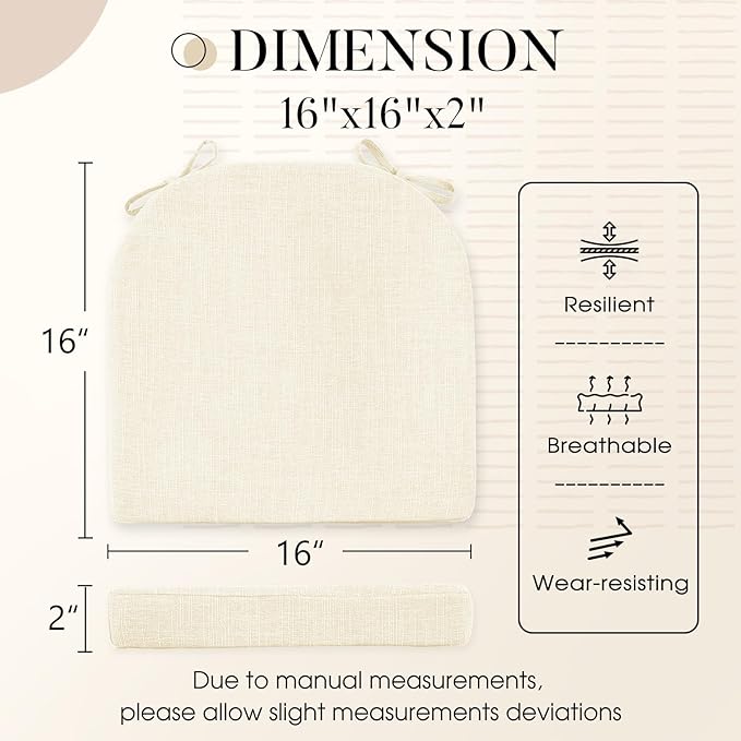 Basic Beyond Chair Cushions for Dining Chairs 4 Pack, Kitchen Chair Cushions with Ties and Non Slip Backing, 16 x 16 inches Chair Pads for Dining Chairs (Beige)