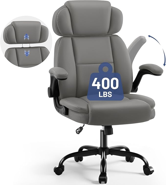 AreShark Ergonomic Office Chair with Lumbar Support, 400lbs Heavy Duty Big and Tall Executive Desk Chair, PU Leather High Back Computer Chair with Flip-Up Arms & Adjustable Headrest, Gray