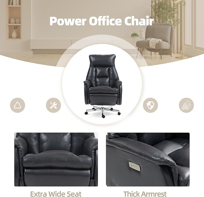 ECOTOUGE Power Office Chair with USB Charging, Recliner Executive Office Chair with Adjustable Footrest, Big and Tall High-Back Reclining Computer Chair, 400LBS Weight Capacity, Microfiber, Black