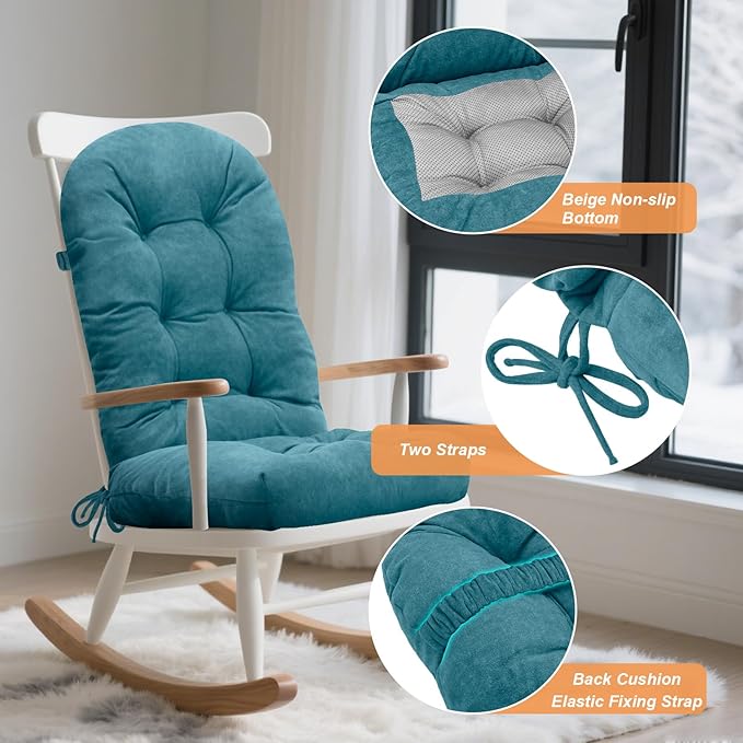 Rocking Chair Cushion - Velvet Fabric, High-Density Sponge, Durable Comfort Non-Slip Bottom Tufted Seat Pads with Ties, Velvet︱Blue, 44x19x4 inch