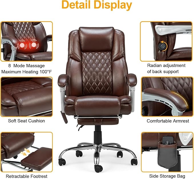 HOMREST 2-Point Massage Office Chair with Lumbar Support, Heated Executive Office Chair, Computer Gaming Chair with with Adjustable Backrest for Home Office, Brown