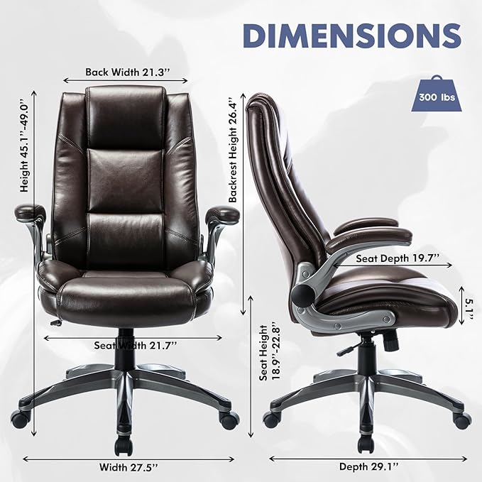 COLAMY Leather Executive Office Chair - High Back Ergonomic Home Computer Desk Chair with Padded Flip-up Arms, Adjustable Tilt Lock, Swivel Rolling Chair for Adult Working Study, Brown