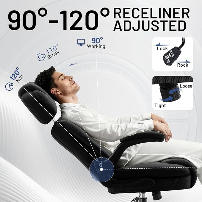 AreShark Ergonomic Office Chair with Lumbar Support, 400lbs Heavy Duty Big and Tall Executive Desk Chair, PU Leather High Back Computer Chair with Flip-Up Arms & Adjustable Headrest, Black