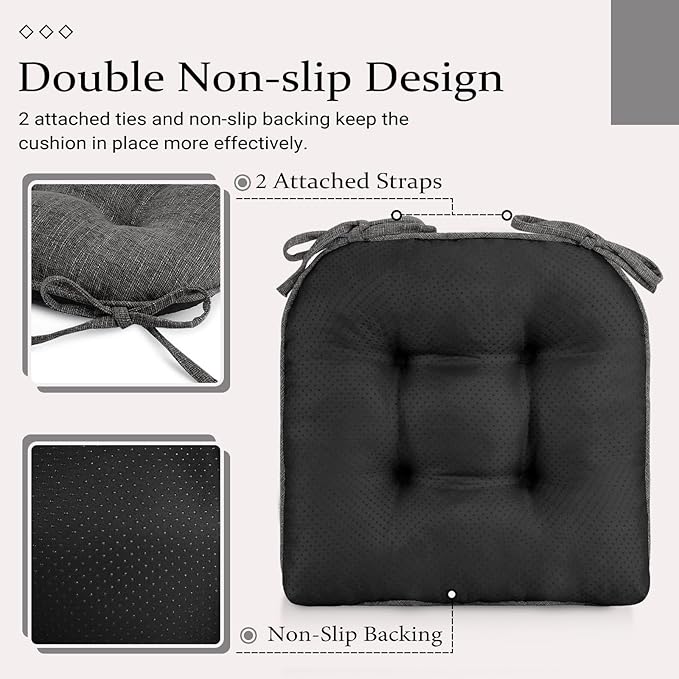 Wellsin Chair Cushions for Dining Chairs, Non-Slip Kitchen Chair Pads with Ties, Tufted Shredded Foam Kitchen Chair Cushions Set of 2, 15.5" X 15.5", Dark Grey