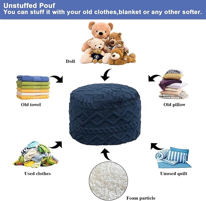 Poofieotto Unstuffed Pouf Ottoman Cover Handmade Footstool Ottoman Storage Solution Floor Pouf Footrest Cushion 20Diameter x12Height Inches for Living Room Wedding Bedroom Navy Blue No Filler